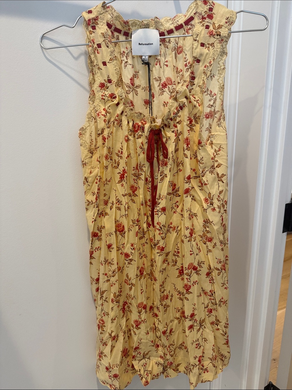 Reformation Yellow Floral Midi Dress with Red Tie